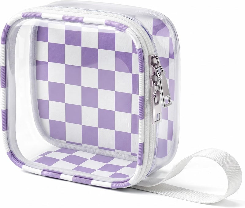 LETGO Preppy Cute Makeup Bag Travel Cosmetic Case Transparent Purple and Beige Checkered Toiletry Bag with Strap,Portable Make Up Organizer Traveling Compact Car Accessories for Girls - Image 1