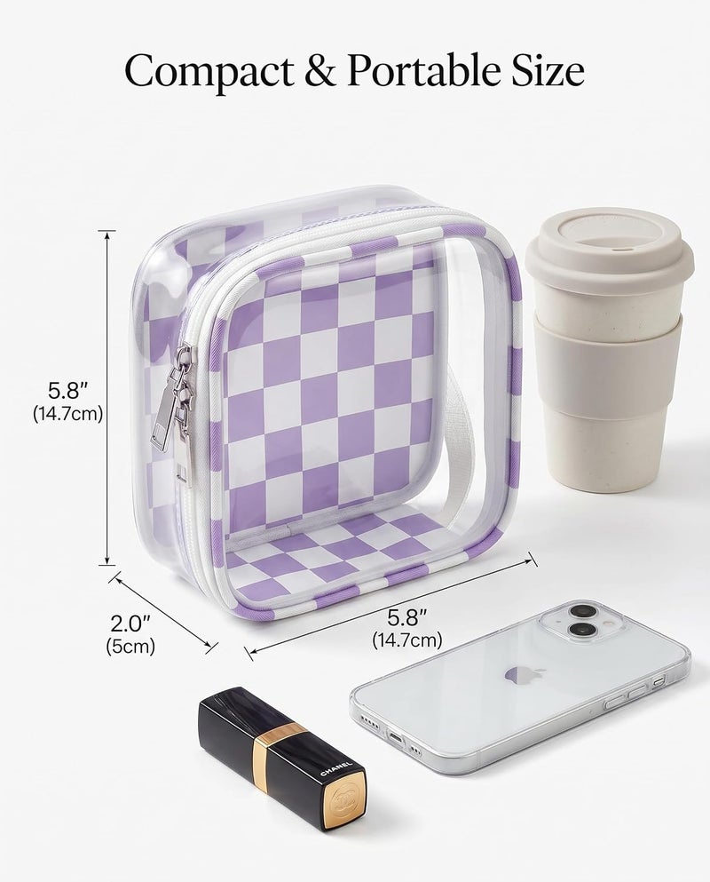 LETGO Preppy Cute Makeup Bag Travel Cosmetic Case Transparent Purple and Beige Checkered Toiletry Bag with Strap,Portable Make Up Organizer Traveling Compact Car Accessories for Girls - Image 2
