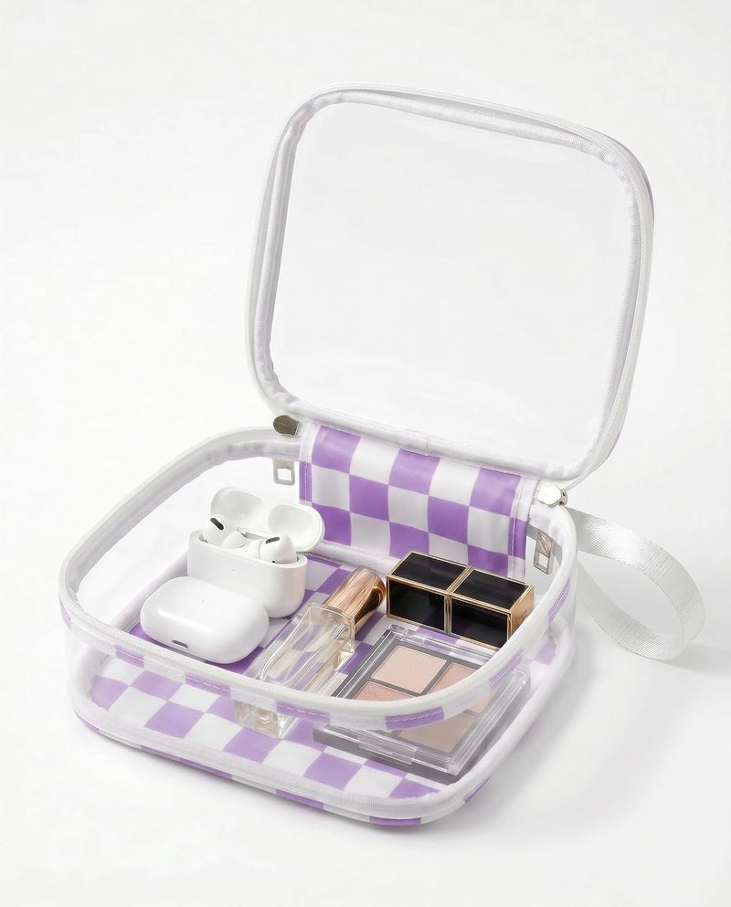LETGO Preppy Cute Makeup Bag Travel Cosmetic Case Transparent Purple and Beige Checkered Toiletry Bag with Strap,Portable Make Up Organizer Traveling Compact Car Accessories for Girls - Image 3