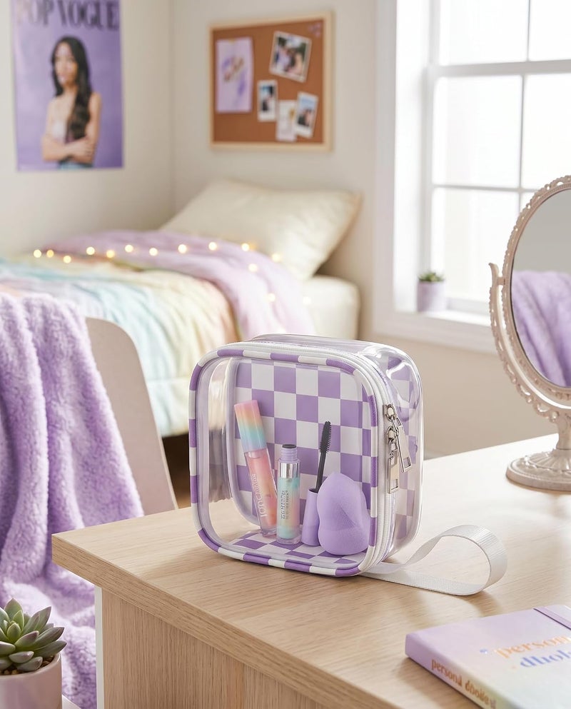 LETGO Preppy Cute Makeup Bag Travel Cosmetic Case Transparent Purple and Beige Checkered Toiletry Bag with Strap,Portable Make Up Organizer Traveling Compact Car Accessories for Girls - Image 4