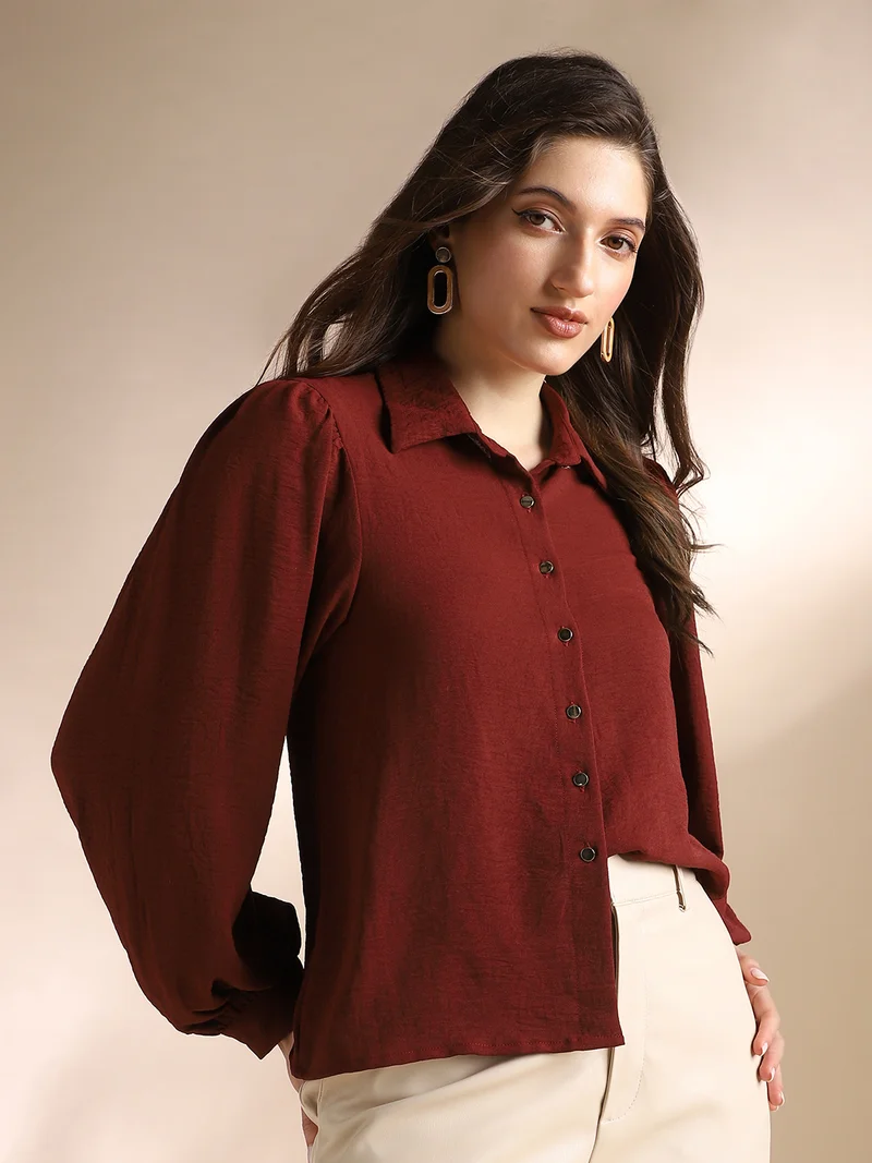 جلو باص بلوزة نسائية مارون بتصميم ذاتي وياقة قميص وأكمام منفوشة للعمل