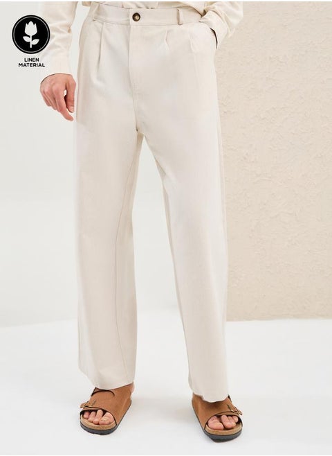Solid Linen Blend Pleated Oversized Fit Trousers