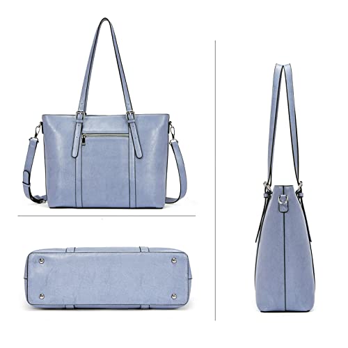 BROMEN Women Briefcase 15.6 inch Laptop Tote Bag Vintage Leather Handbags Shoulder Work Purses Oil Wax Blue - Image 3