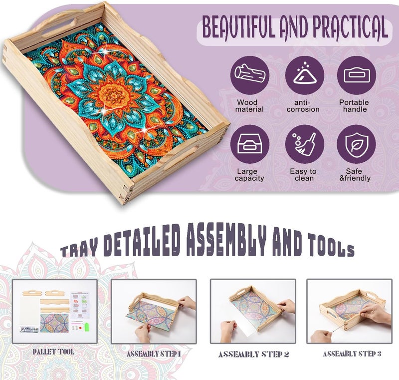 EWJRNSF Diamond Painting Wooden Serving Trays Wooden Tray with Handles - Great for Dinner Trays Tea Tray Breakfast Tray or Any Food Tray - Good for Parties or Bed Food Tray - 7.8x11.8inch（Mandala） - Image 3