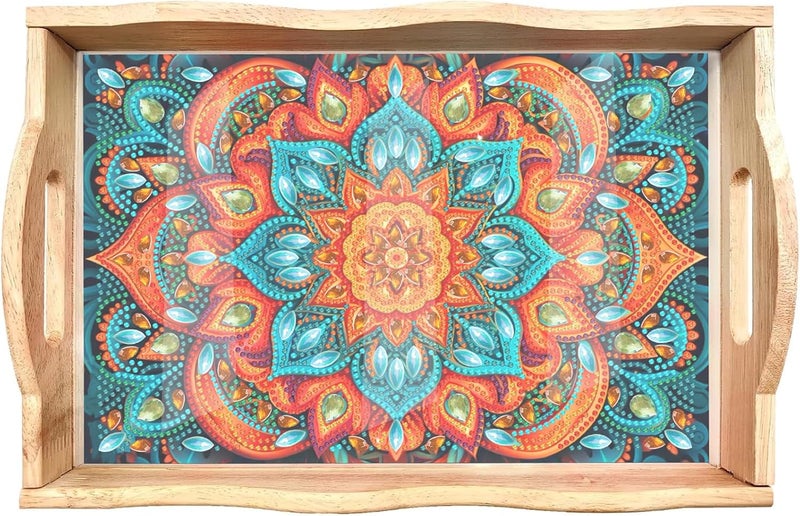 EWJRNSF Diamond Painting Wooden Serving Trays Wooden Tray with Handles - Great for Dinner Trays Tea Tray Breakfast Tray or Any Food Tray - Good for Parties or Bed Food Tray - 7.8x11.8inch（Mandala） - Image 1