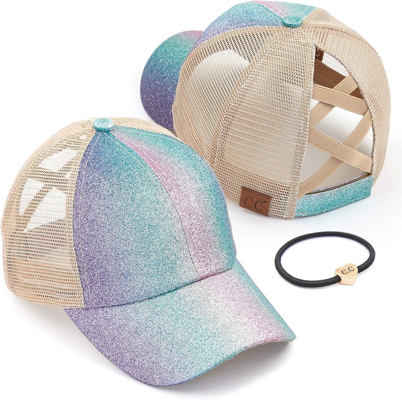 Cc Ponycap Messy High Bun Ponytail Adjustable Glitter Mesh Trucker Baseball Cap - Image 1