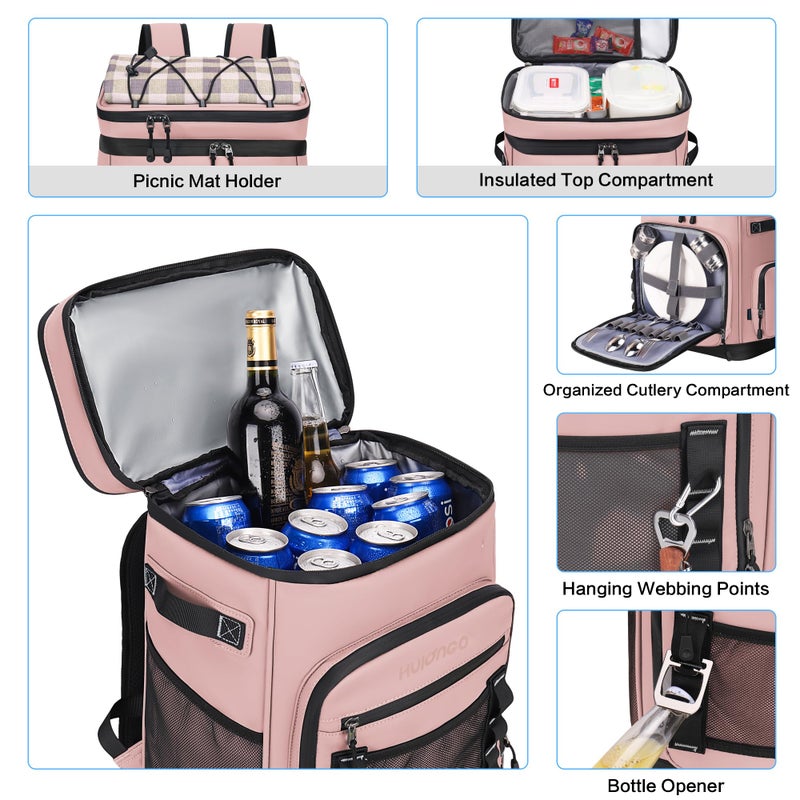 Hulongo 48Cans Large Cooler Backpack, Leakproof Insulated Backpack Cooler for Women, Waterproof, Double Deck, Pink - Image 4