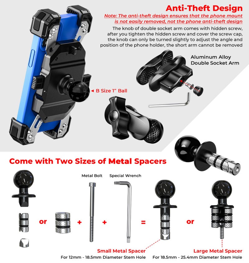 VAZESWIN Motorcycle Fork Stem Phone Mount, 1s Auto Lock & Release, Anti-Theft Motorcycle Phone Holder with Aluminum Alloy 1" Ball Short Arm, for 12-25.4mm Diameter Fork Stems, for 5.4"-7" Cellphones - Image 5