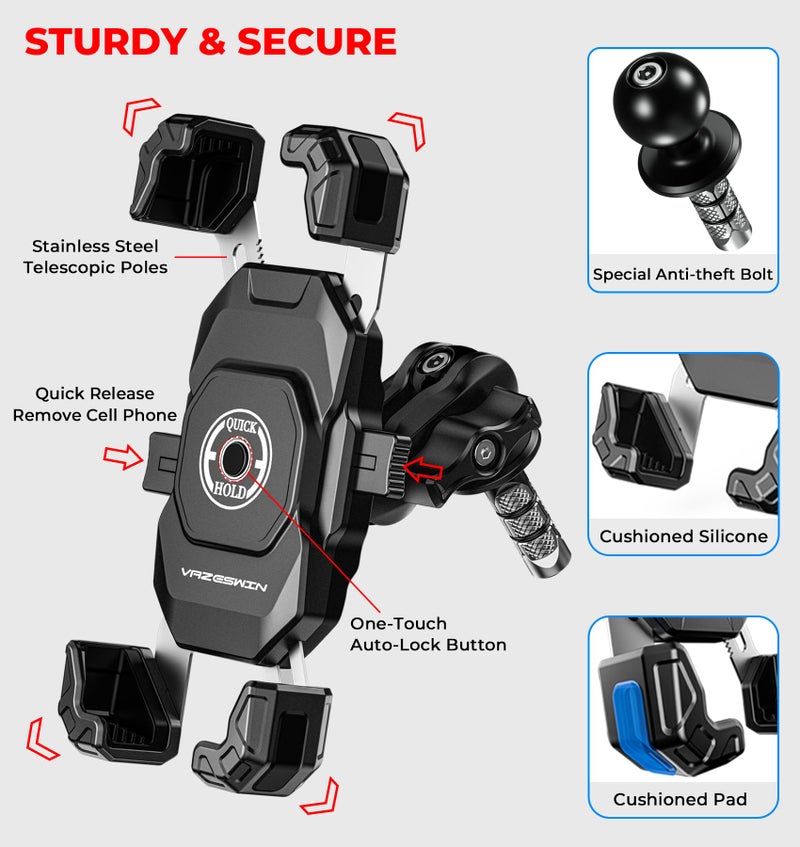 VAZESWIN Motorcycle Fork Stem Phone Mount, 1s Auto Lock & Release, Anti-Theft Motorcycle Phone Holder with Aluminum Alloy 1" Ball Short Arm, for 12-25.4mm Diameter Fork Stems, for 5.4"-7" Cellphones - Image 3