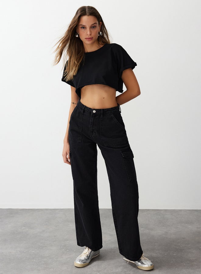 trendyol Black High Waist Wide Leg Jeans with Cargo Pocket TWOAW22JE0392  - Image 3