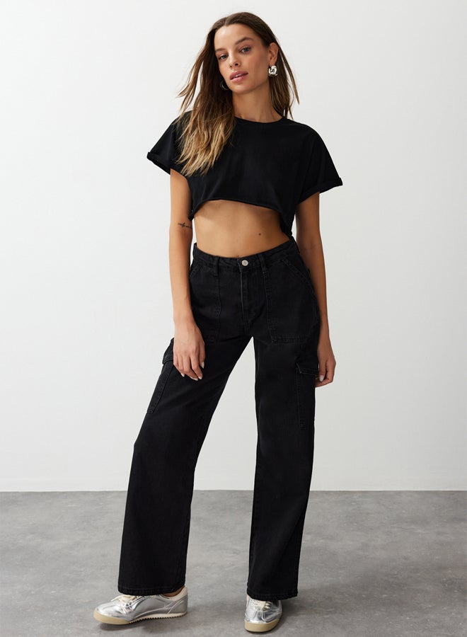 trendyol Black High Waist Wide Leg Jeans with Cargo Pocket TWOAW22JE0392  - Image 1