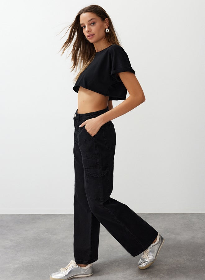 trendyol Black High Waist Wide Leg Jeans with Cargo Pocket TWOAW22JE0392  - Image 2