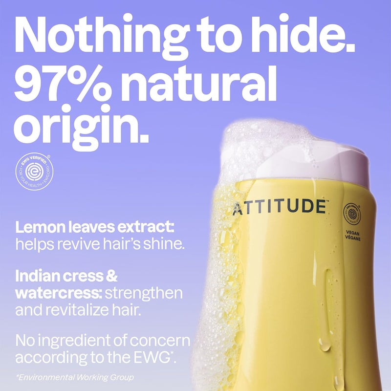 شامبو ATTITUDE المنظف، معتمد من قبل EWG، يحتوي على مكونات نباتية ومعدنية، نباتي وخالي من القسوة على الحيوانات، يحتوي على أوراق الليمون والشاي الأبيض، سعة 16 أونصة سائلة (عبوة تحتوي على 6 عبوات) - Image 3