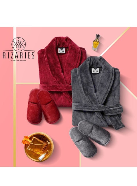 Couple Luxury Bathrobe Set Red & Grey 2 Velour Bathrobe, 2 Velour Slippers - Unisex