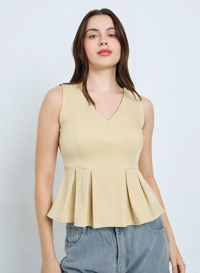 Styli Beige V-Neck Sleeveless Peplum Top