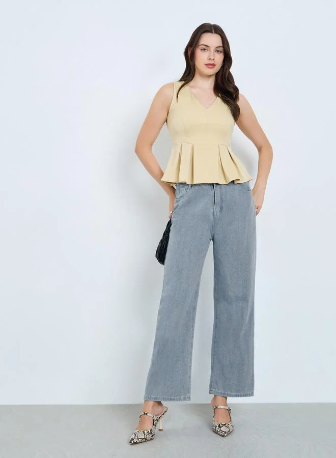 Styli Beige V-Neck Sleeveless Peplum Top