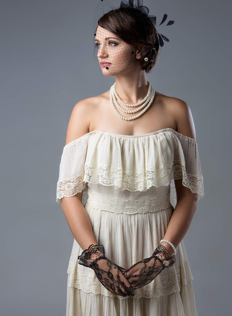 إسكدنيا Hat for Women Hat Pillbox Hat Hat Feathers Veil Mesh Headband and Short Lace Gloves Floral Lace Gloves Tea Party Wedding Flower Cocktail Mesh Feathers Hair Clip - Image 3