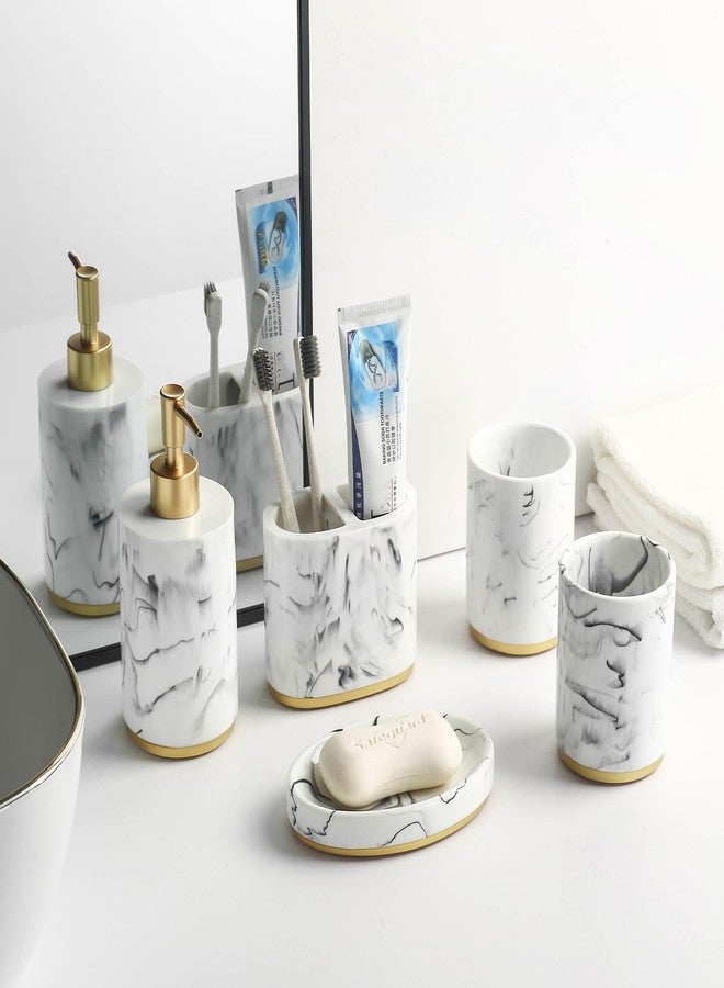 Jung Ford 5 Piece Bathroom Accessories Set, Marble Resin Bathroom Set with Soap Dispenser, Toothbrush Holder, Soap Dish and Tumblers, Modern Bathroom Countertop Decor, White with Gold Accents - Image 2