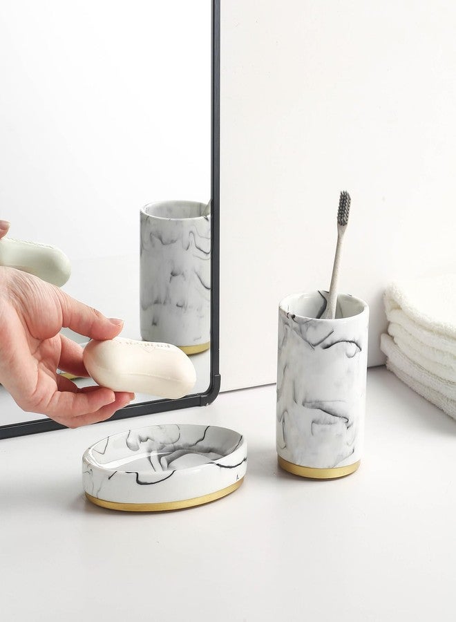 Jung Ford 5 Piece Bathroom Accessories Set, Marble Resin Bathroom Set with Soap Dispenser, Toothbrush Holder, Soap Dish and Tumblers, Modern Bathroom Countertop Decor, White with Gold Accents - Image 4