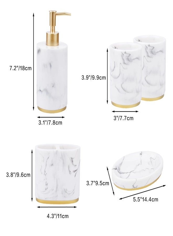 Jung Ford 5 Piece Bathroom Accessories Set, Marble Resin Bathroom Set with Soap Dispenser, Toothbrush Holder, Soap Dish and Tumblers, Modern Bathroom Countertop Decor, White with Gold Accents - Image 3