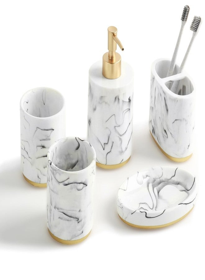 Jung Ford 5 Piece Bathroom Accessories Set, Marble Resin Bathroom Set with Soap Dispenser, Toothbrush Holder, Soap Dish and Tumblers, Modern Bathroom Countertop Decor, White with Gold Accents - Image 1
