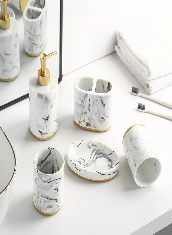 Jung Ford 5 Piece Bathroom Accessories Set, Marble Resin Bathroom Set with Soap Dispenser, Toothbrush Holder, Soap Dish and Tumblers, Modern Bathroom Countertop Decor, White with Gold Accents - Image 5