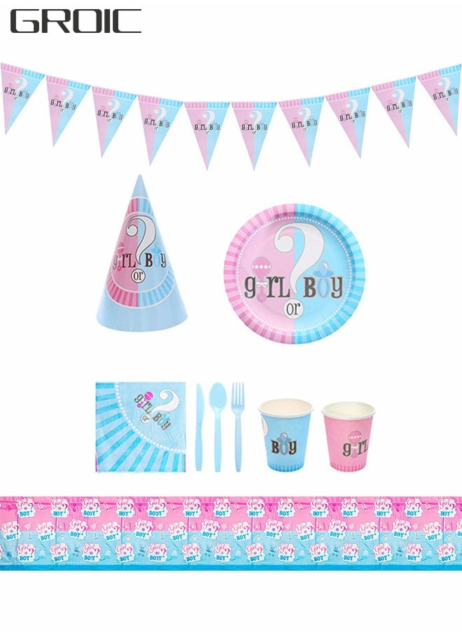 GROIC Gender Reveal Party Supplies, Gender Reveal Disposable Cutlery Set, Boys or Girls Paper Plate Cups Napkins Tablecloth Banners, Baby Shower Decor  - Image 1