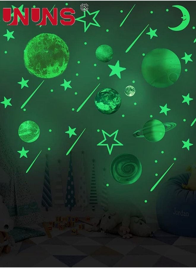 UNUNS 3D Space Wall Sticker Set,Glow In The Dark Stars And Planets,10 Glowing Planet,Noctilucent Solar System For Kids Wall Decals,158pcs  - Image 1