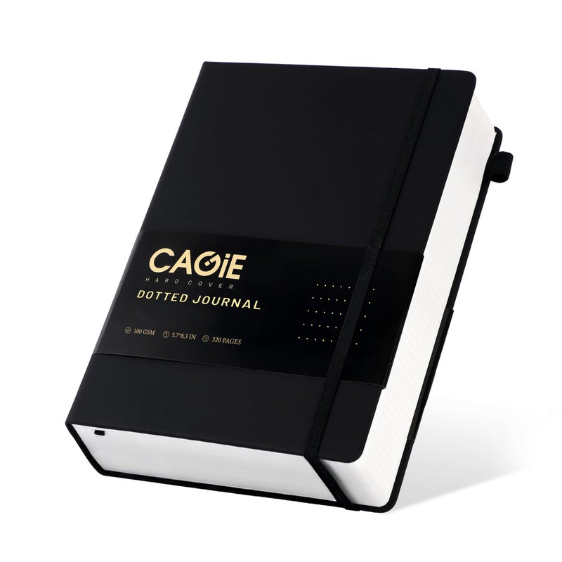 CAGIE Bullet Dotted Journal Notebook 320 Pages 100 GSM Paper Hardcover A5 Dot Grid Notebook Leather Journals for Writing Women Men Work Journaling, Black - Image 1