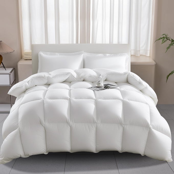 KING SIZE LUXURY 100 ORGANIC COTTON ALL SEASON FEATHER DOWN FIBER COMFORTER HIGH FILLPOWER MEDIUM WARMTH DUVET INSERT 8 CORNER TABS HIGH FLUFFY 3D BAFFLE BOX 106X90 WHITE