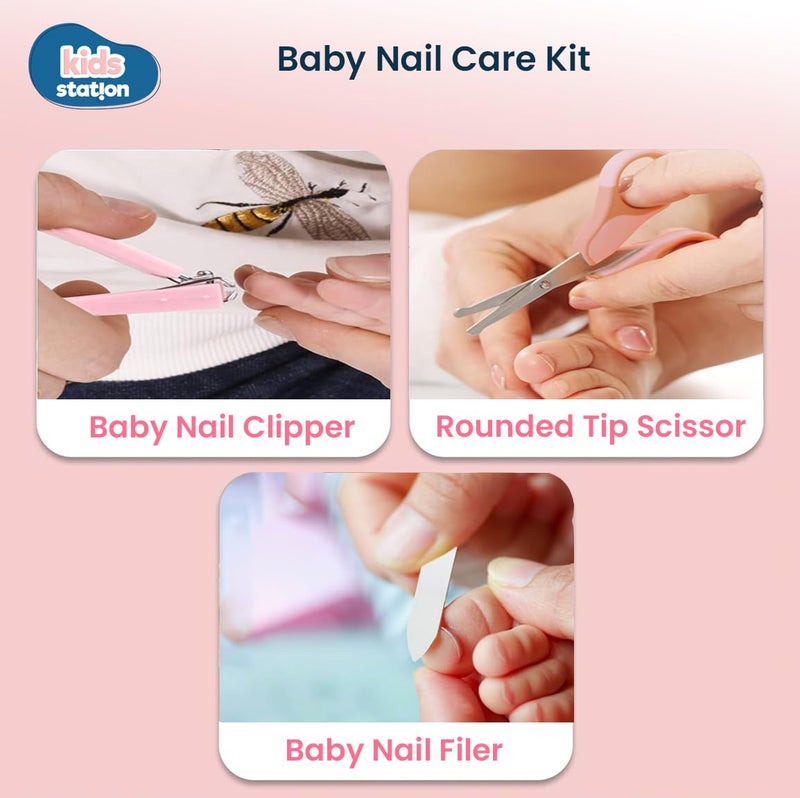 Kids Station 11 in 1 Grooming Kit for New Born Baby - Baby Comb, Baby Hair Brush, Toothbrush, Dropper, Thermometer, Nail Filer, Scissor, Ear Pick, Nasal Aspirator, Feeding Tube, and Nail Cutter - Kids Accessories Set for Infants - Ideal for Travelling & Home Use - (Pink) - Image 4