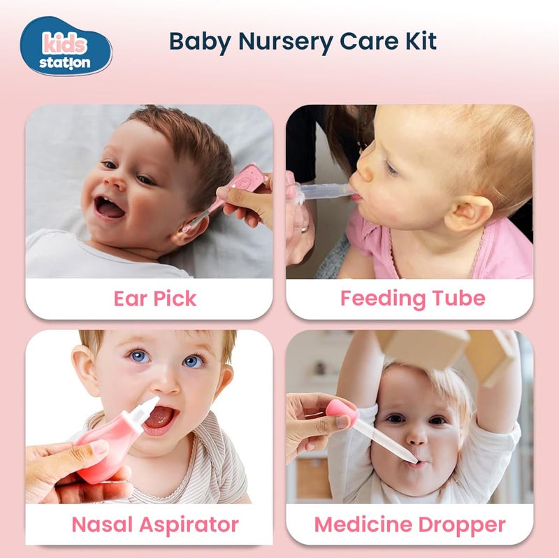 Kids Station 11 in 1 Grooming Kit for New Born Baby - Baby Comb, Baby Hair Brush, Toothbrush, Dropper, Thermometer, Nail Filer, Scissor, Ear Pick, Nasal Aspirator, Feeding Tube, and Nail Cutter - Kids Accessories Set for Infants - Ideal for Travelling & Home Use - (Pink) - Image 2