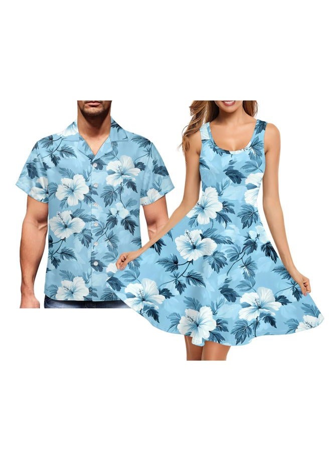 JOAIFO Matching Hawaiian Outfits for Couples - Women's Casual Dresses & Men's Hawaiian Shirt - His and Hers Summer Outfits, Hawaii Blue Flower, M - Image 2