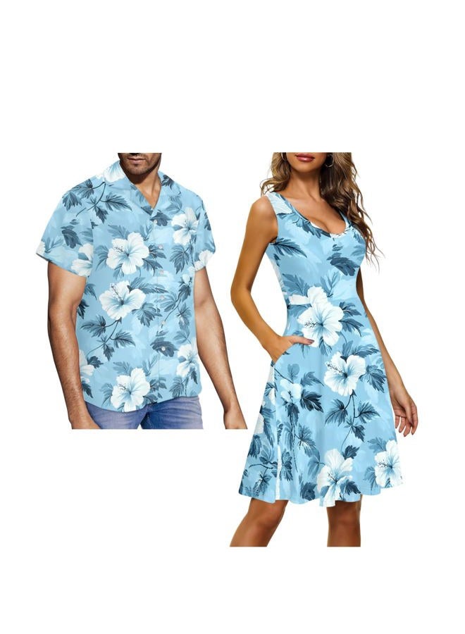 JOAIFO Matching Hawaiian Outfits for Couples - Women's Casual Dresses & Men's Hawaiian Shirt - His and Hers Summer Outfits, Hawaii Blue Flower, M - Image 1