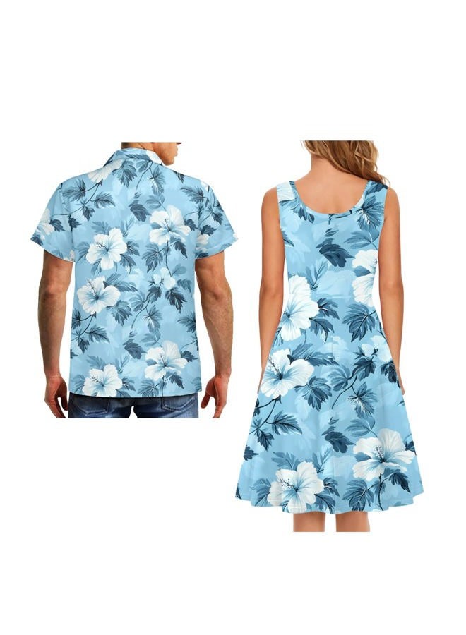JOAIFO Matching Hawaiian Outfits for Couples - Women's Casual Dresses & Men's Hawaiian Shirt - His and Hers Summer Outfits, Hawaii Blue Flower, M - Image 4