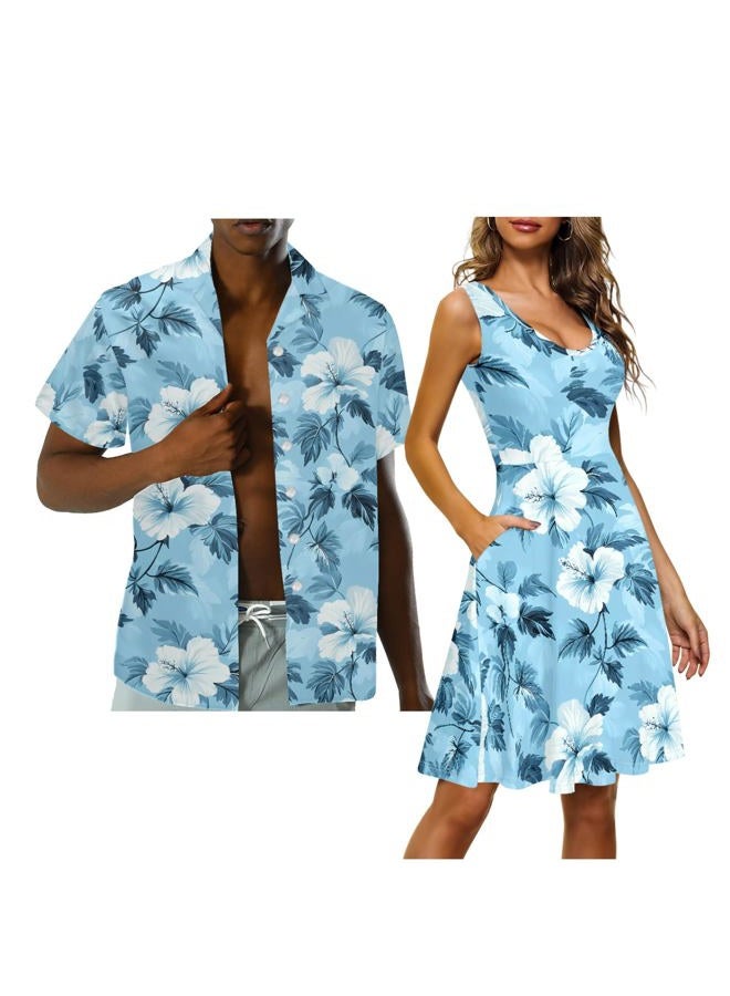 JOAIFO Matching Hawaiian Outfits for Couples - Women's Casual Dresses & Men's Hawaiian Shirt - His and Hers Summer Outfits, Hawaii Blue Flower, M - Image 3
