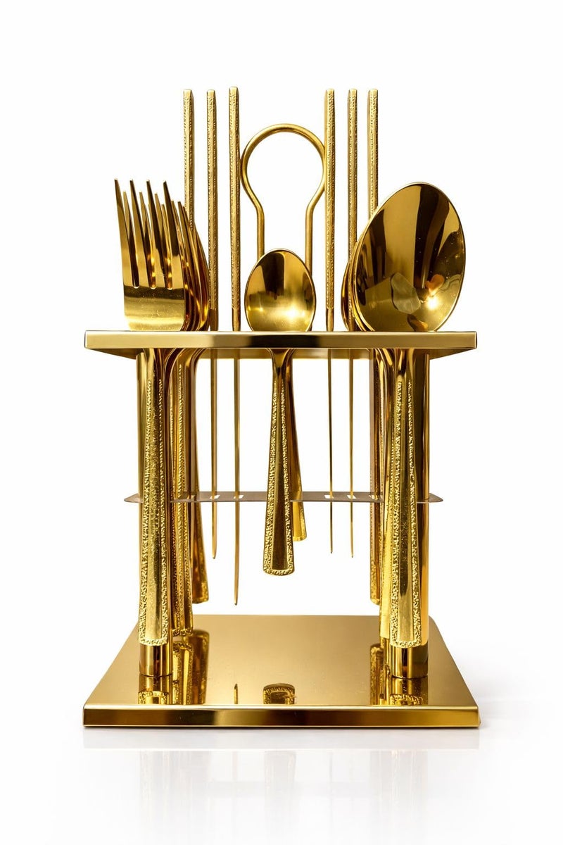 24-Piece Stainless Steel Flatware Set with Stand, Cutlery Set, Include Knives Forks Spoons Large Cutlery Set for 6, Dishwasher Safe (Gold, Shape 2)