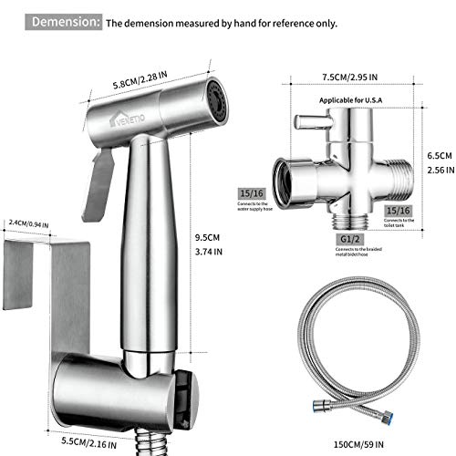 VENETIO Handheld Bidet Sprayer for Toilet Seat with Anti-leaking Hose, Toilet or Wall Mounted, Multi-function for Baby Cloth Diaper Sprayer, Shattaf Sprayer, Pets Shower - 304 Stainless Steel Material - Image 4