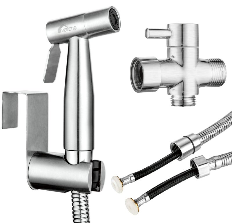 VENETIO Handheld Bidet Sprayer for Toilet Seat with Anti-leaking Hose, Toilet or Wall Mounted, Multi-function for Baby Cloth Diaper Sprayer, Shattaf Sprayer, Pets Shower - 304 Stainless Steel Material - Image 1