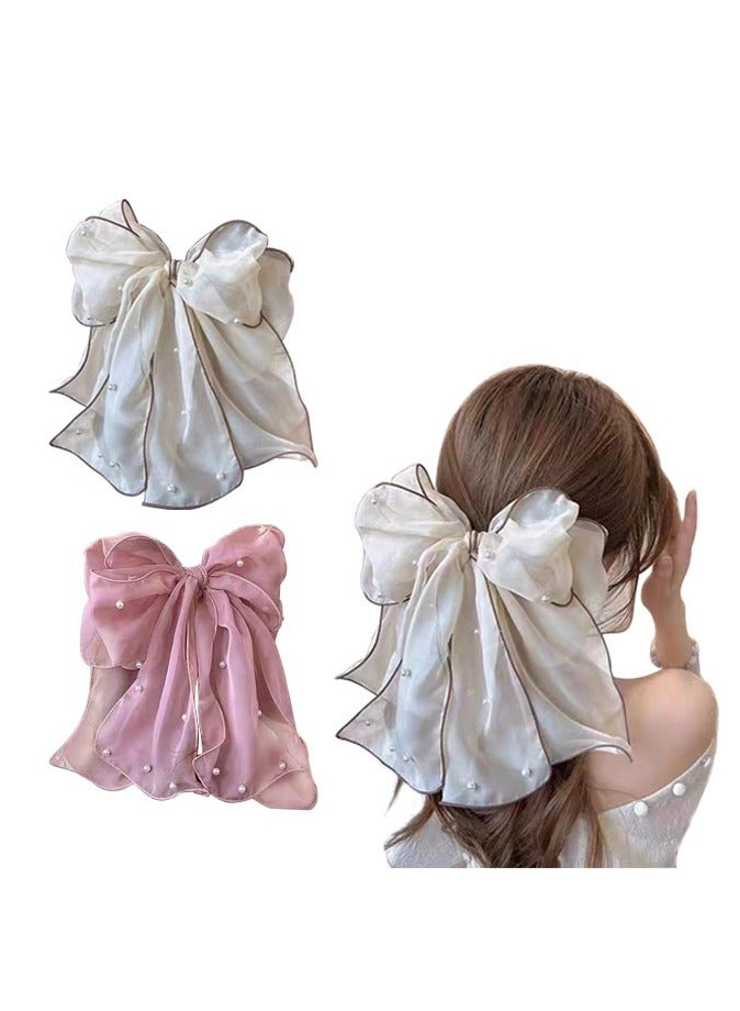 2-Pieces Pearl Mesh Tulle Bowknot Big Hair Clips for Women 