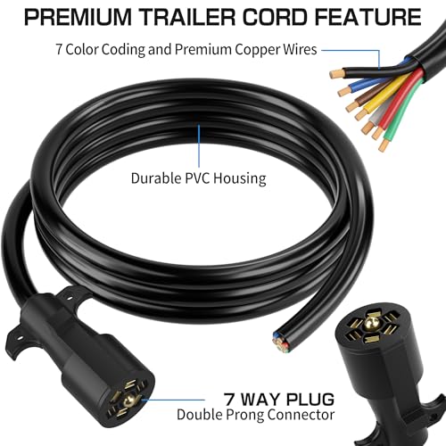 Deluwire 8 FT 7 Pin Trailer Plug, Heavy Duty Trailer Wiring Harness, 7 Way Trailer Cord with Double Prongs Connector for Trailers, RVs, Campers - Image 2