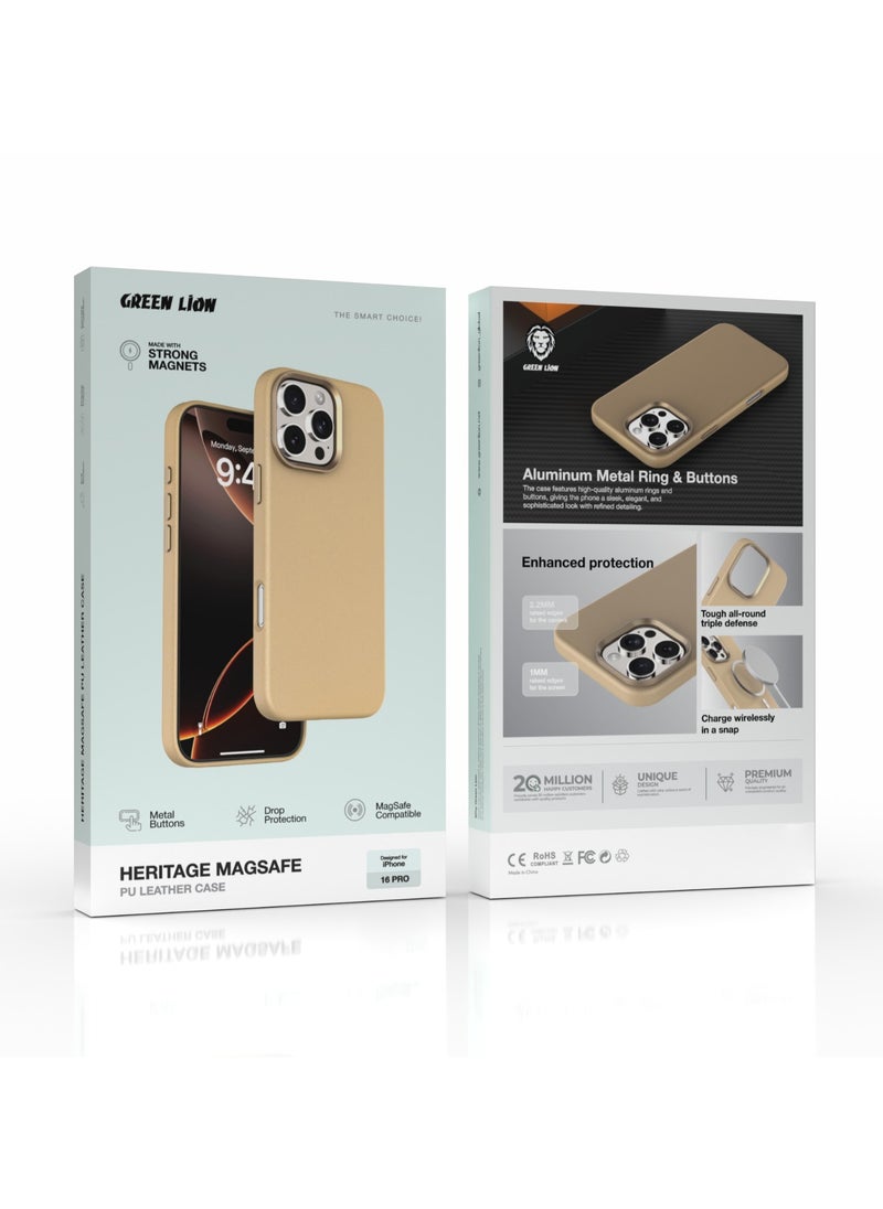 iPhone 16 Pro Magsafe Case Heritage PU Leather Cover / Anti Scratch / Metal Buttons / Drop Protection / Made with Strong Magnets / Charge Wirelessly in a Snap / Tough All-Round Triple Defense - Desert Titanium