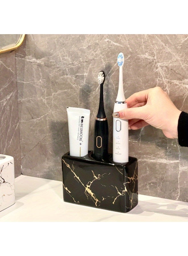 FUKE 1pc Toothbrush Holder Marble Ceramic 3-Hole Freestanding Storage Rack for Bathroom Countertops,Multi-Functional Organizer for Toothbrush and Toothpaste - Image 1