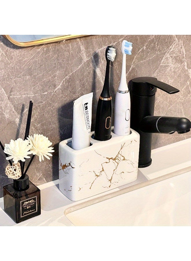 FUKE 1pc Toothbrush Holder Marble Ceramic 3-Hole Freestanding Storage Rack for Bathroom Countertops,Multi-Functional Organizer for Toothbrush and Toothpaste - Image 4