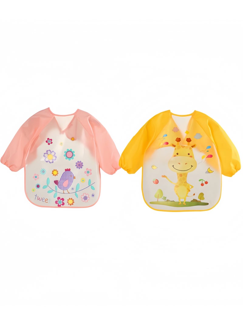 Generic - 2 Pcs Waterproof Long Sleeve Bib, Baby Bibs with Sleeves,Include Giraffe,bird Pattern Cute Cartoon Animals Waterproof Colorful Printed Children Full Sleeve Bib for Infant Toddler 6 Months to 3 Years Old - Image 1