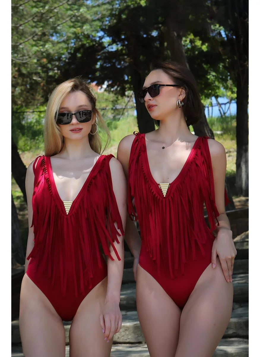 اكبينيز Women's Tassel Swimsuit Claret Red 34023