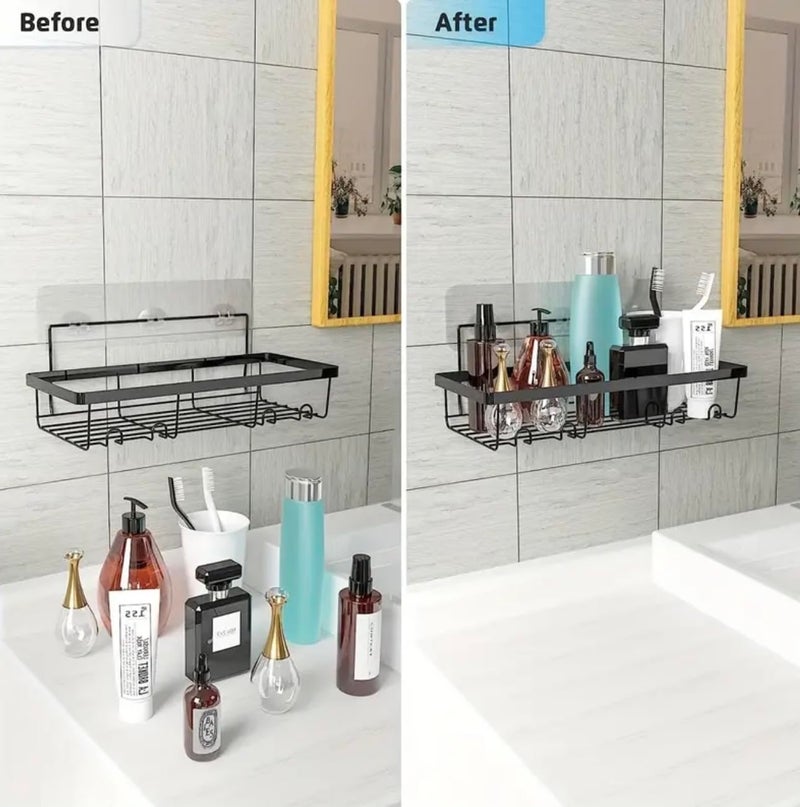Oslen Metal Self Adhesive Wall Mount Bathroom Rack Shelf Hanging Shelves with Hooks Storage Racks Accessories Set for Home Rustproof 2 Bathroom Shelf 2 Soap Dishes (Magic Stickers - No Drilling) - Image 5