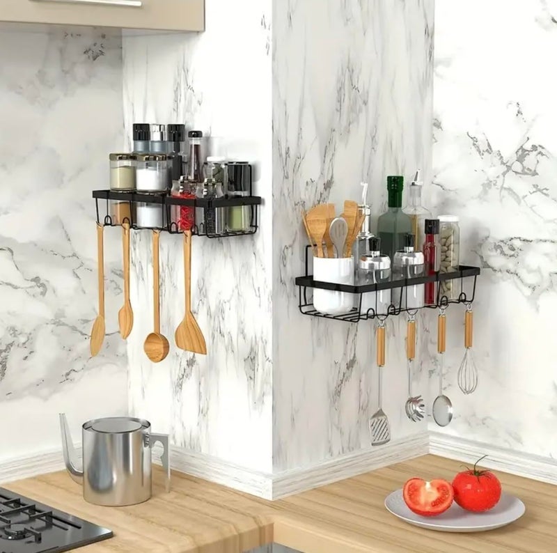 Oslen Metal Self Adhesive Wall Mount Bathroom Rack Shelf Hanging Shelves with Hooks Storage Racks Accessories Set for Home Rustproof 2 Bathroom Shelf 2 Soap Dishes (Magic Stickers - No Drilling) - Image 3