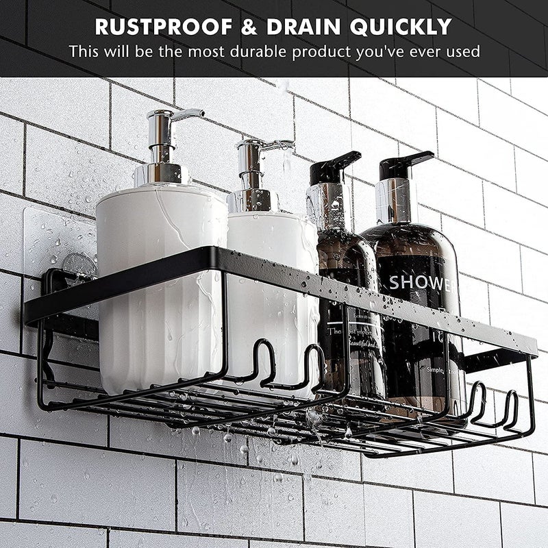 Oslen Metal Self Adhesive Wall Mount Bathroom Rack Shelf Hanging Shelves with Hooks Storage Racks Accessories Set for Home Rustproof 2 Bathroom Shelf 2 Soap Dishes (Magic Stickers - No Drilling) - Image 2