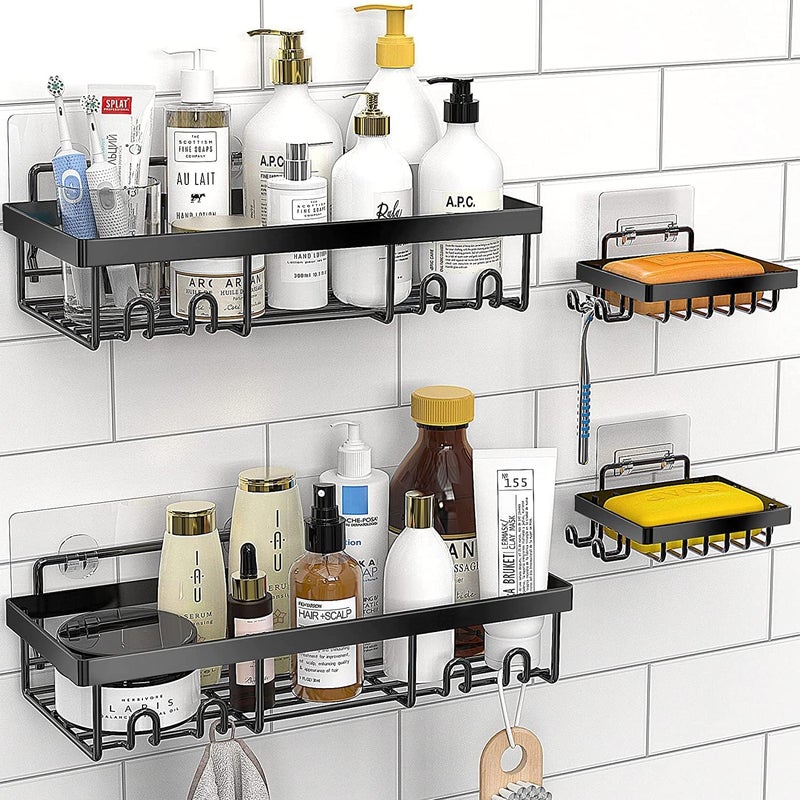 Oslen Metal Self Adhesive Wall Mount Bathroom Rack Shelf Hanging Shelves with Hooks Storage Racks Accessories Set for Home Rustproof 2 Bathroom Shelf 2 Soap Dishes (Magic Stickers - No Drilling) - Image 1